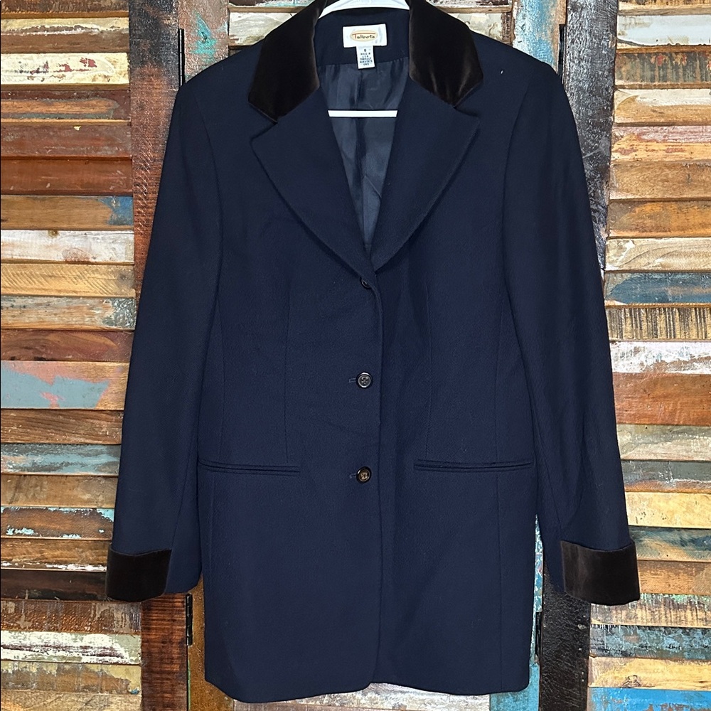 Talbots Dark Navy Women's Wool Blazer with Brown Velvet Accents size 8